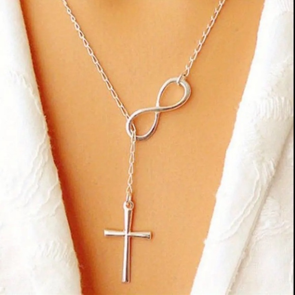 Silver 17”-19” adjustable chain w 1” silver cross & infinity pendants necklace